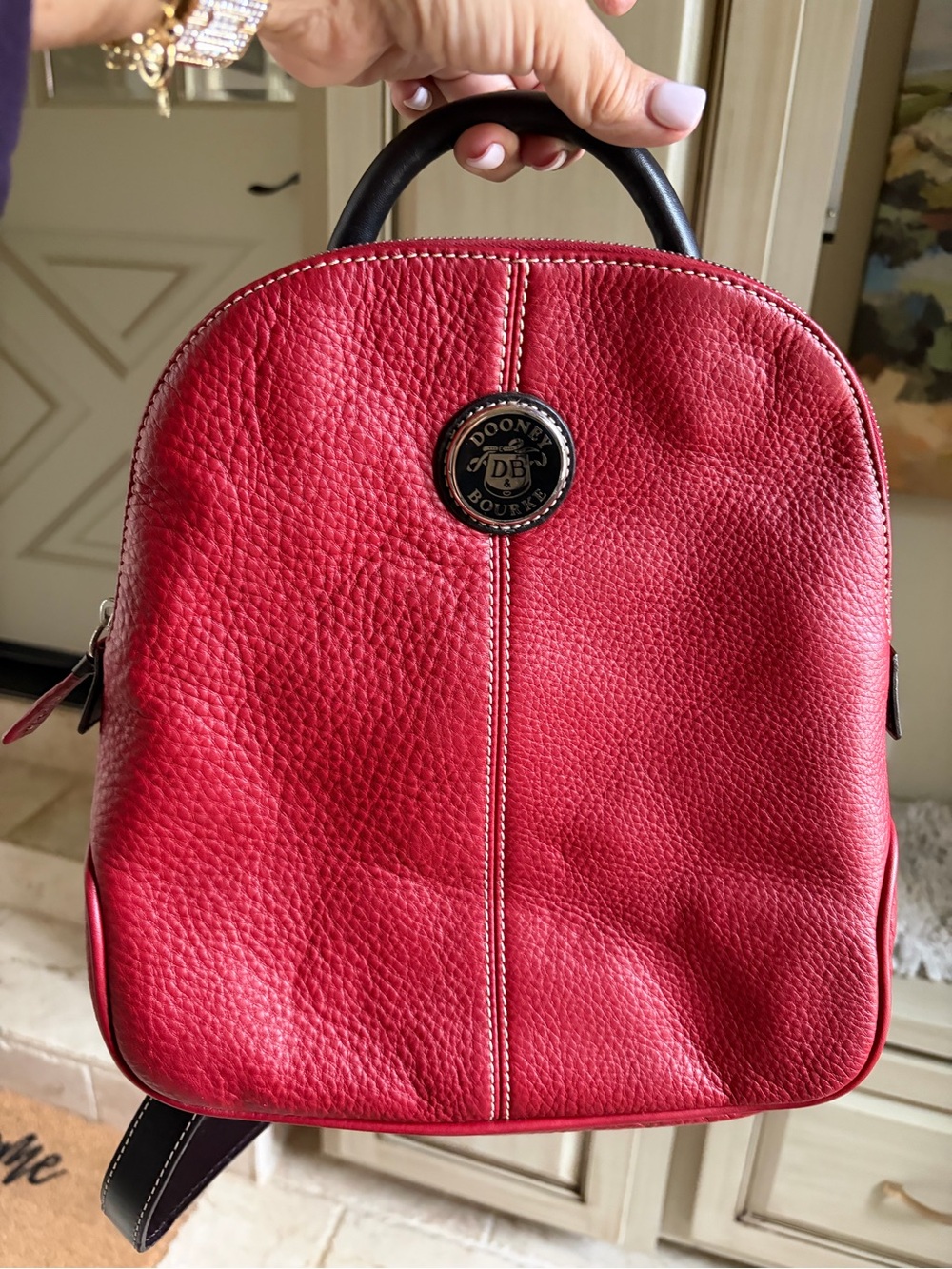 Dooney & Bourke Red Pebbled Leather Mini Backpack with Black Handle